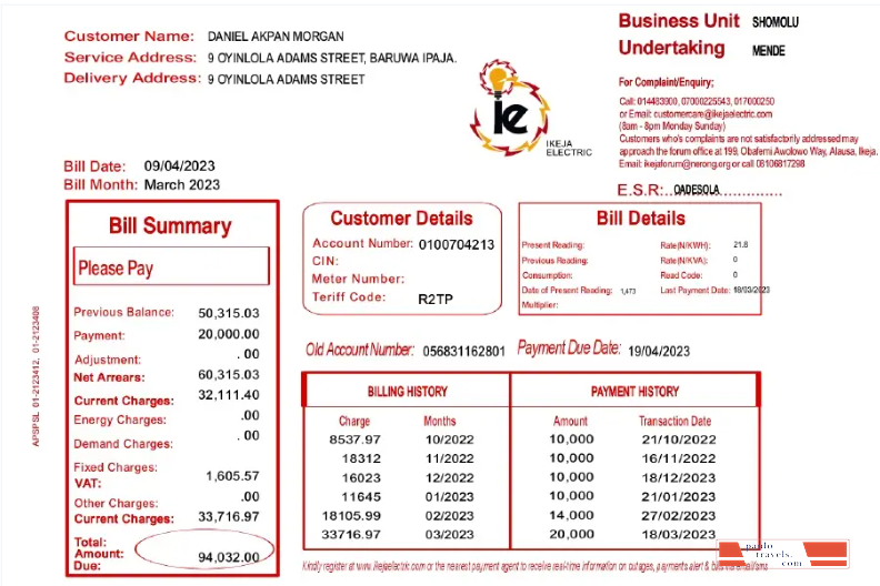NIGEIA IKEJA utility bill Word and PDF template
